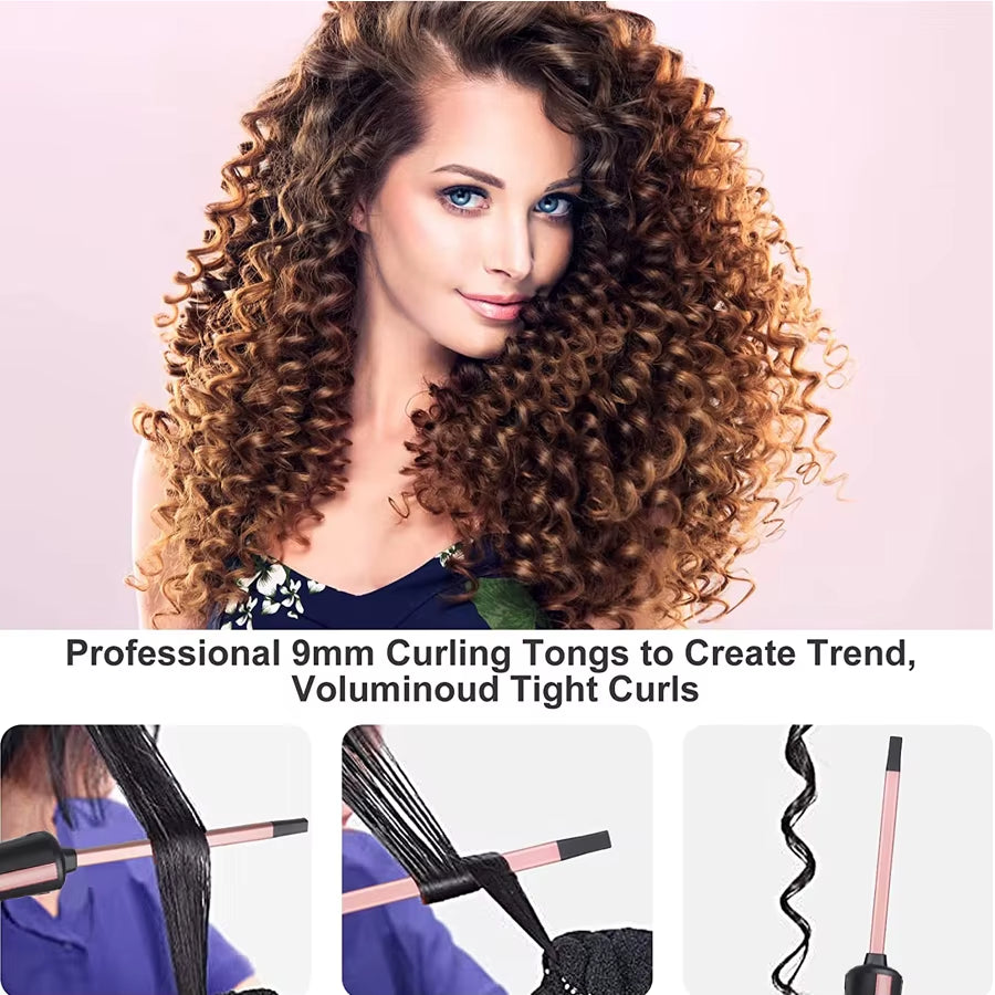 9Mm Square Barrel Curling Iron Tightly Coiled Curls Hair Curling Wand, Easy to Use, with a Resistant Glo